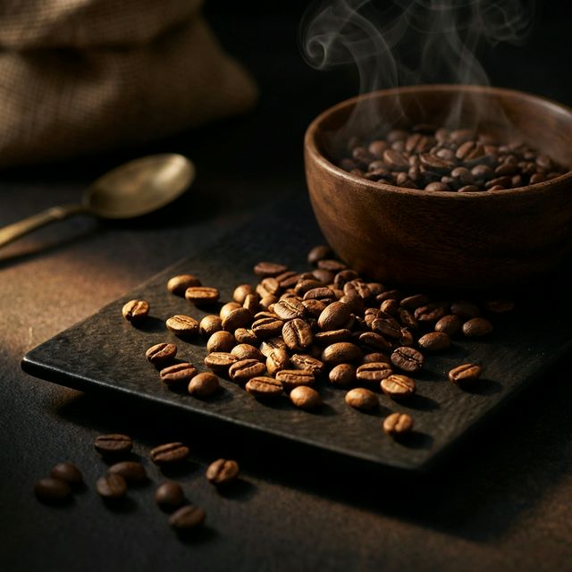 Granos de café de especialidad con iluminación dorada